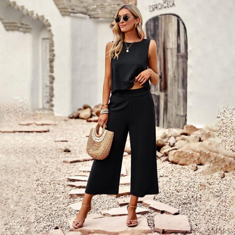 Women Summer Pant Suits Set 2PK Sleeveless Top Cropped Pants Temperament Outfit
