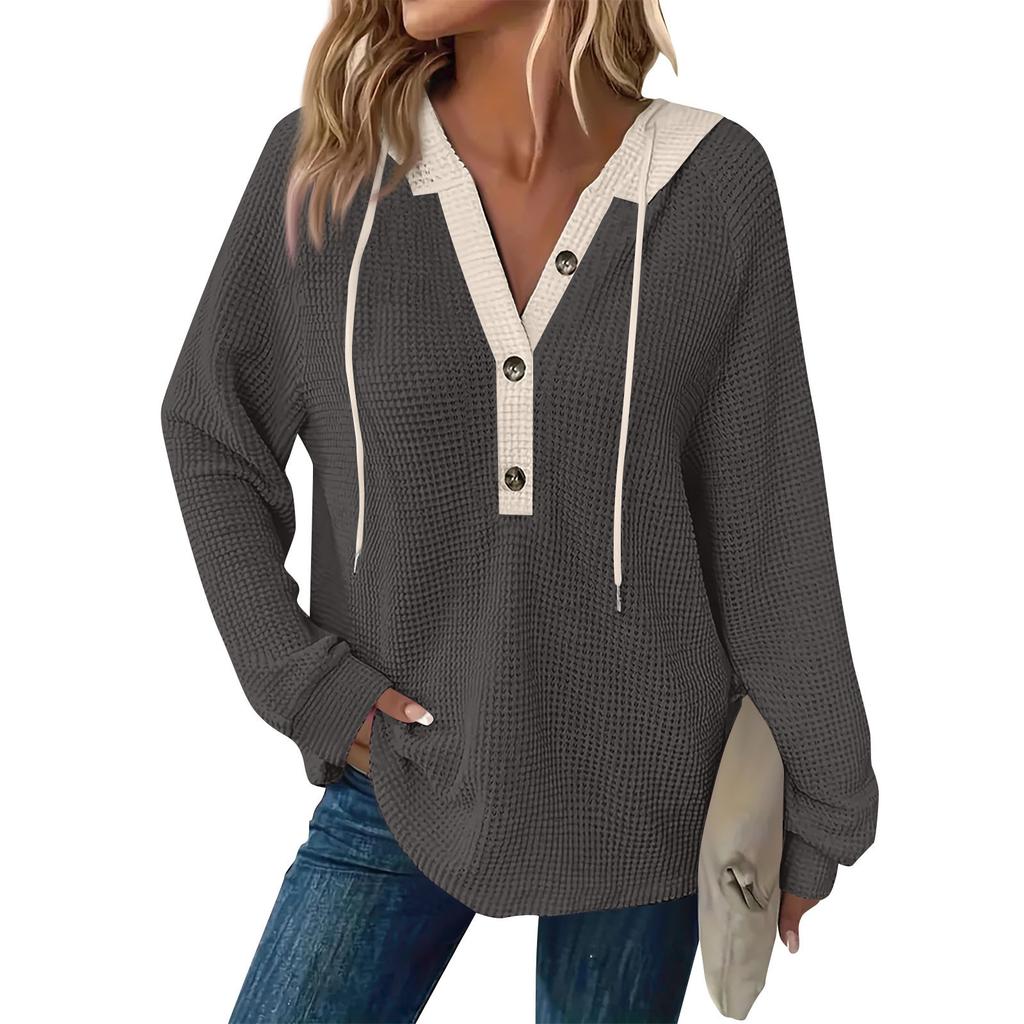 Damska bluza z długim rękawem i ściągaczem w blokach kolorów, z kapturem i guzikami, z dekoltem w serek, w swobodnym stylu