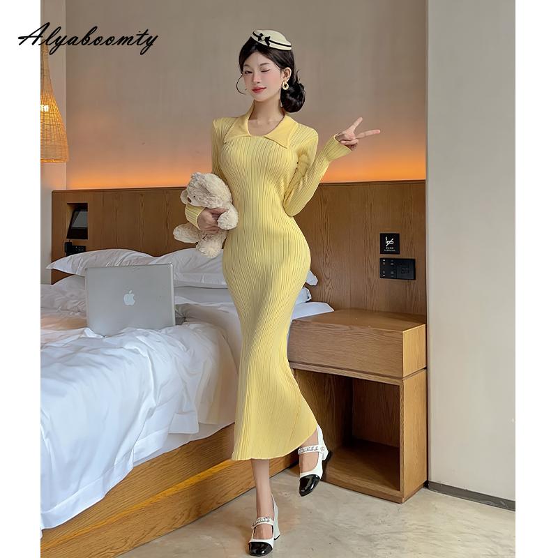 Herbst Winter Damen Pullover Midi Kleid Umlegekragen Gelbes Strickkleid Langarm Gestricktes Elegantes Feminines Kleid