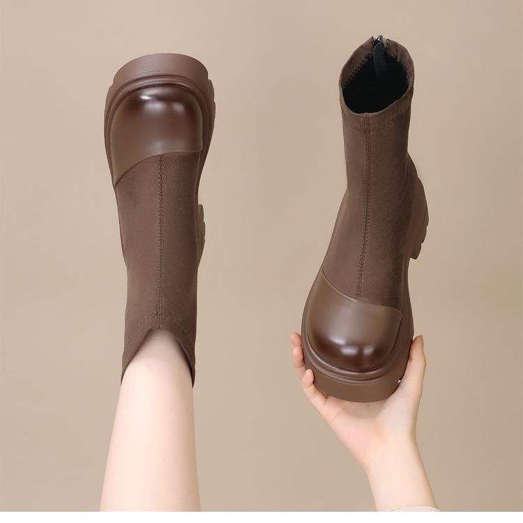 

Retro thick heel elastic thin short boots women s autumn and winter 2025 new heightened suede rear zipper Korean version Martin boots 40