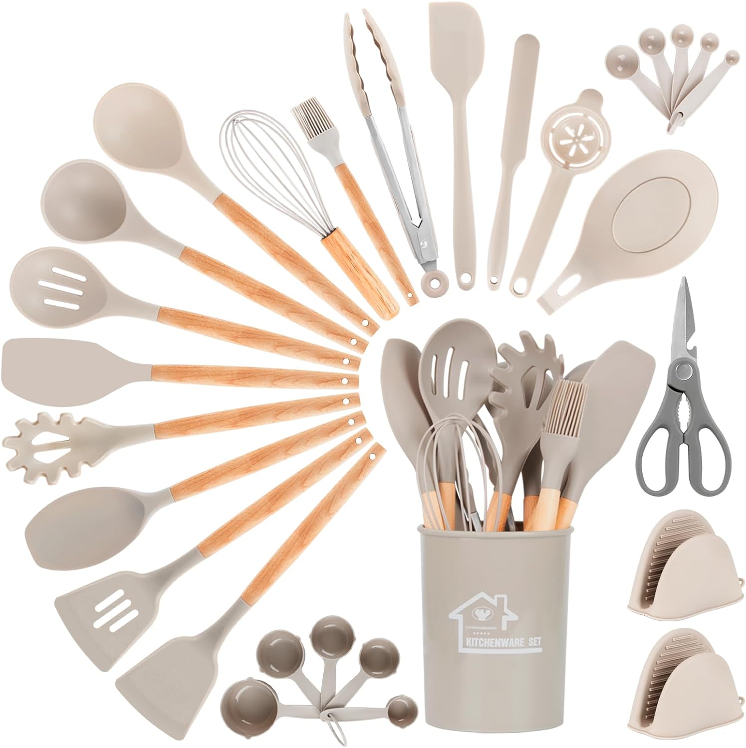 

Набор силиконовых кухонных принадлежностей с деревянной ручкой, 29 предметов. 29PCS бежевый