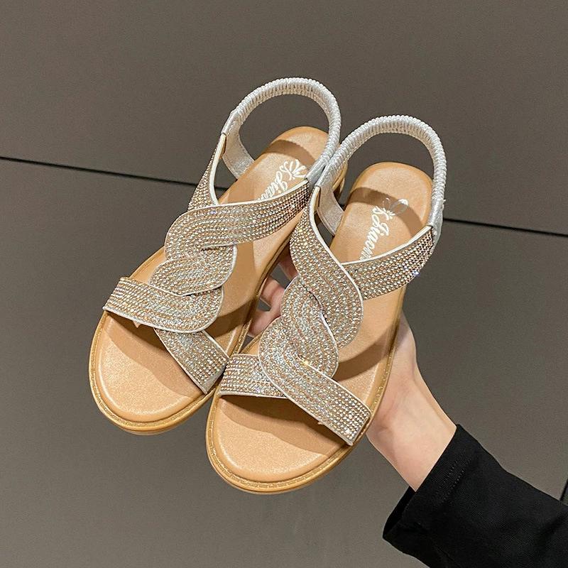 Fashion Flat Woman Sandals Shoes Round Toe Summer Shoes Women Heel Diamond Decoration Slip On Size 35-42 Sandals Women