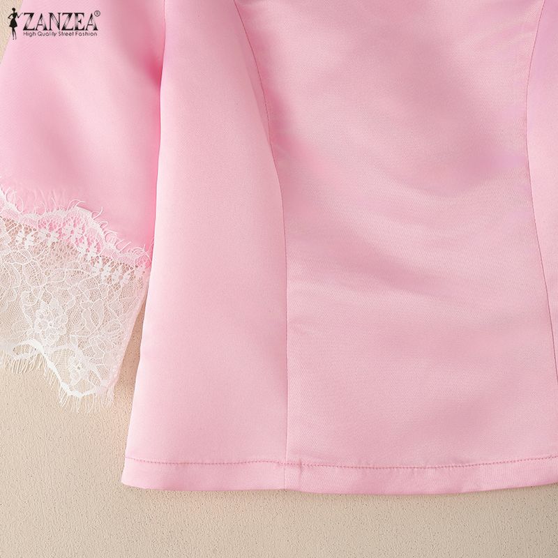 ZANZEA Women Casual V-Neck Lace Crochet Splice 3/4 Sleeve Blouse