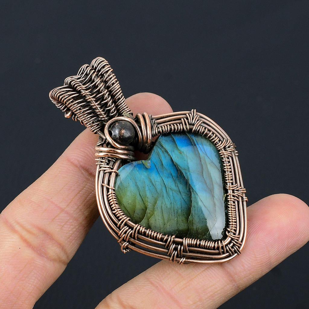 Labradorite Pendant, Handmade Gemstone 999 Copper Wire Wrapped Pendant Antique Jewelry, For Gift Silver Jewelry