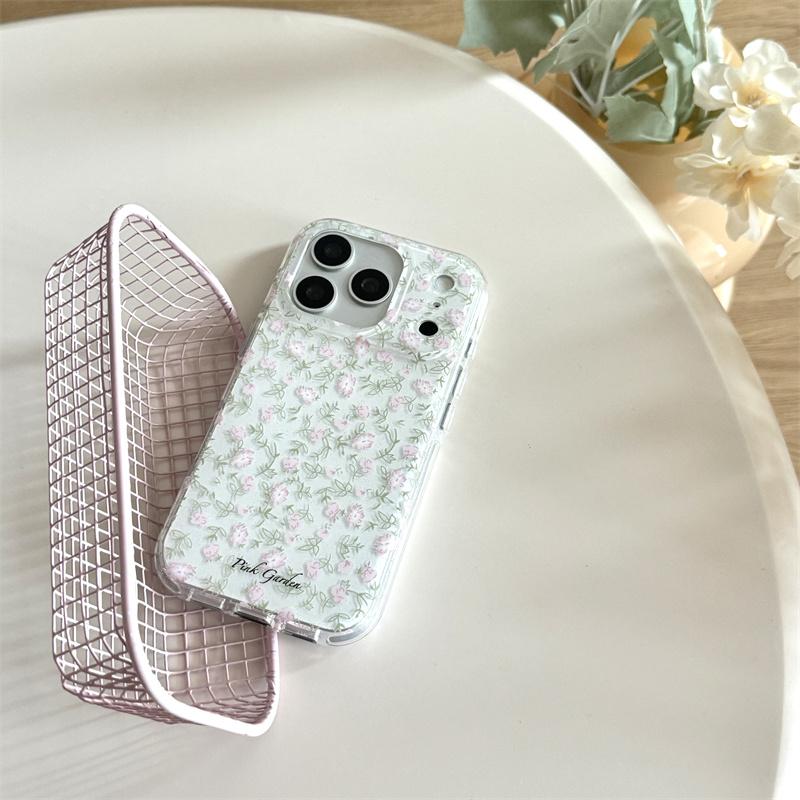 Kawaii Pastel Pink Floral Green Leaf Clear Phone Case For iPhone 14 15 16 17 Pro Max INS Fresh Style Large Window Shockproof Cov