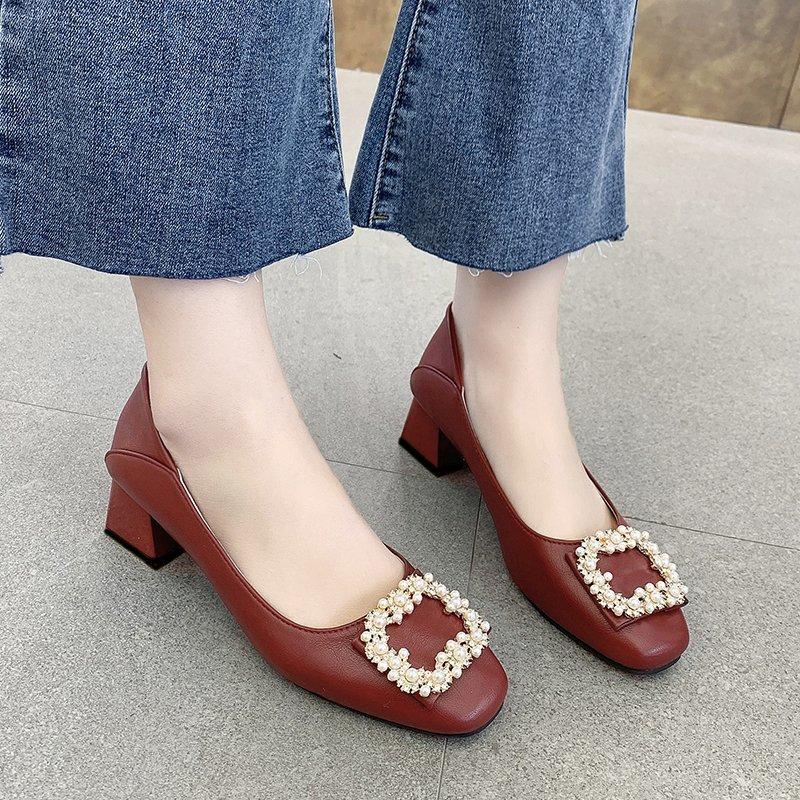 Fashion Square Toe Summer Shoes Ladies Women's Heels Buckle Autumn Female Footwear Pearl Decorateion Oxfords 2024 On Heels New Fall Dres