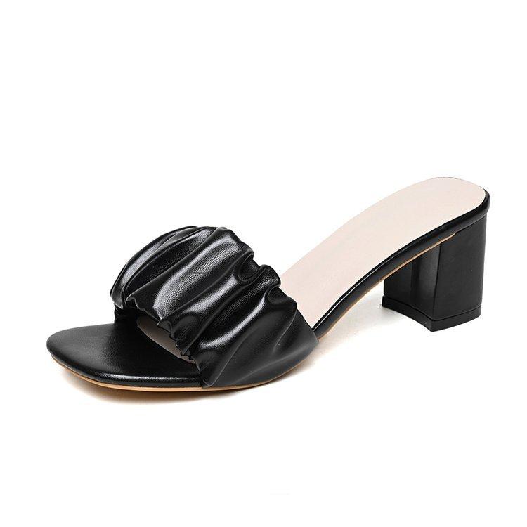 Fashion Hot Selling 2025 Heel Slippers Fashion Pleated Square Toe Green Orange Women Sandals Casual Elegant Ladies Sandals Plus Size 42