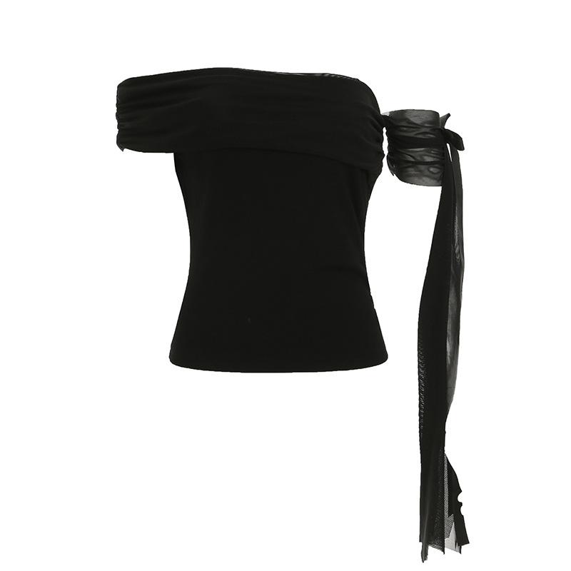 

Slash Shoulder Streamer Knitted Slim Top One-word Shoulder Pleated Short-sleeved T-shirt Bottoming Shirt L чорний