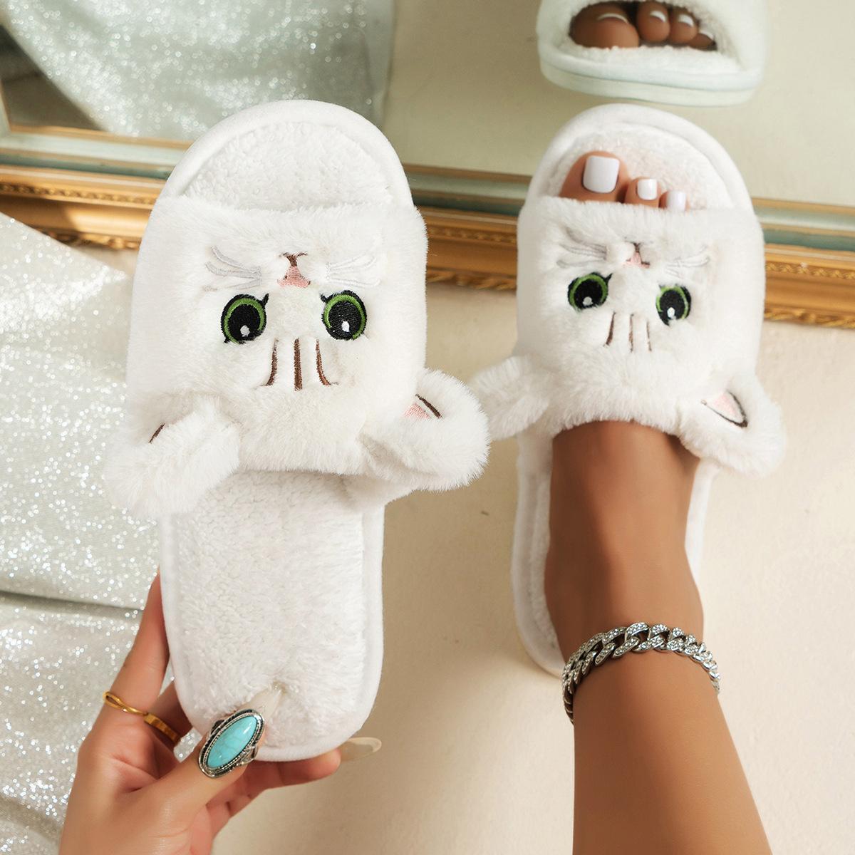 

Тапочки-котята с открытым носком, Домашние плюшевые теплые тапочки для женщин 36-37 белый