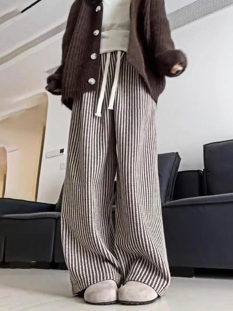 Striped Woolen Drawstring Wide-Leg Pants for Women – High Waist Black & White, Petite 150, XS, Autumn/Winter Casual.