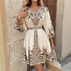 A New Summer Women's Dress with A Printed V-neck and Three-quarter Sleeves, Tied and Cinched Waist