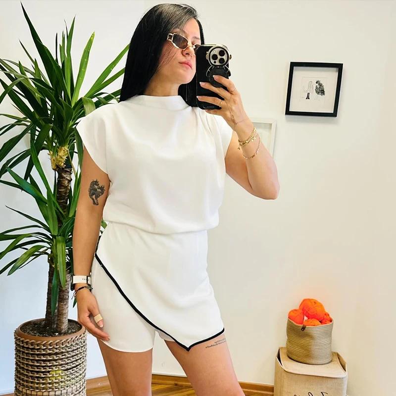 

Женский поддельный короткий комбинезон из 2 частей, облегающий безрукавный комбинезон, шорты, цельный повседневный офисный женский боди, комплект для поездок на работу L белый