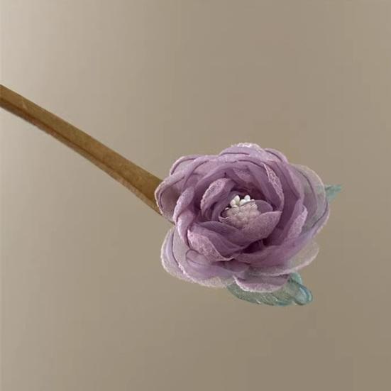 Hair Stick 3D Mesh Yarn Rose Flower Decor Bun Hair Stick Easy to Wear Hair Organizer Clip Hair Styling Accessory