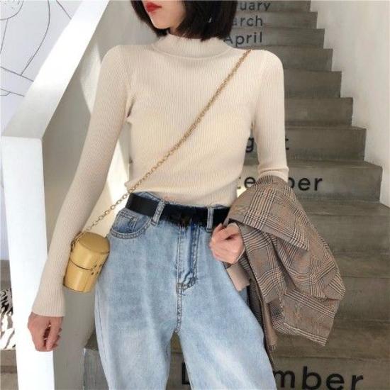 Autumn Winter Women's Stretch Knitted Sweater  Half Turtleneck Jumper Tight Short Knitted Bottoming Shirt Pullover Jumper Knitted Tops