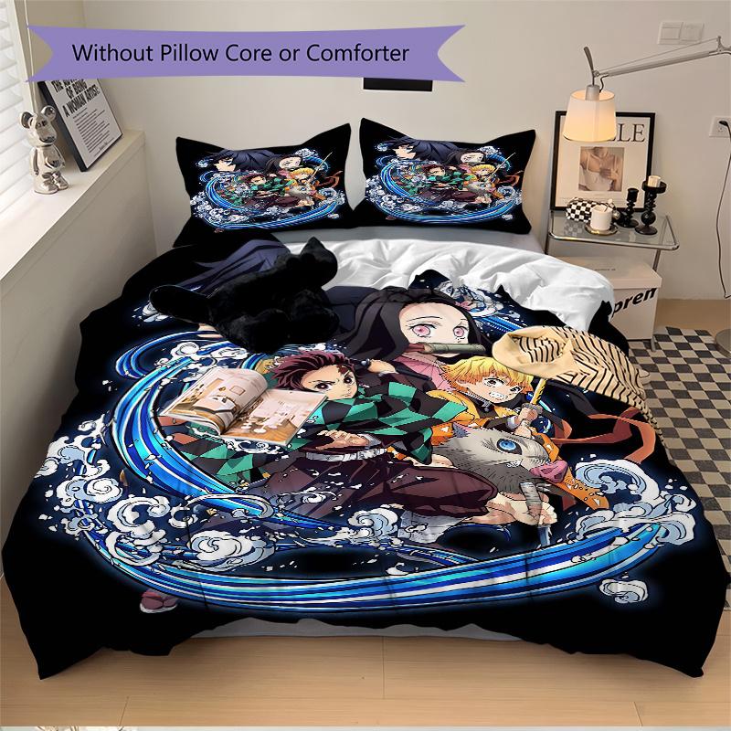 3pcs Demon Slayer Anime Printed Bedding Set, Soft and Comfortable Quilt Cover for Bedroom, Guest Room L034