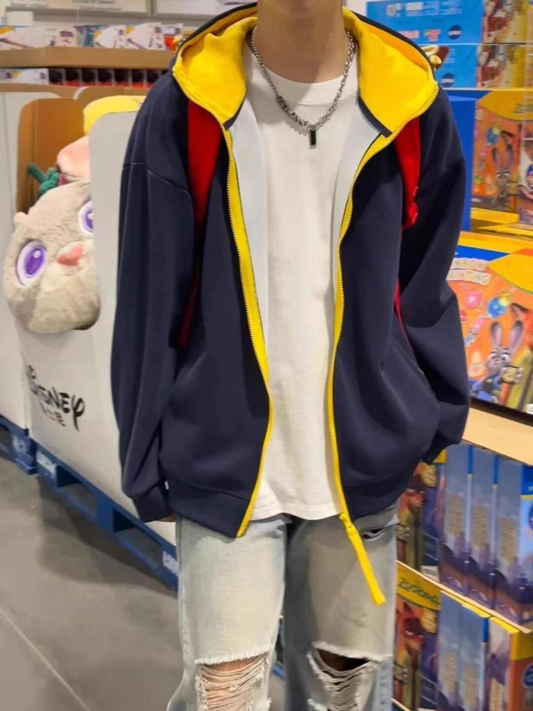 Men's Retro Color Block Hooded Cardigan Sweatshirt for Autumn/Winter