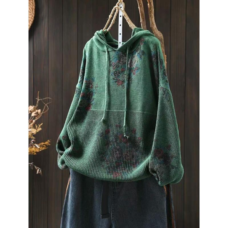 Женские модные повседневные осенне-зимние худи с длинным рукавом и принтом в цветочный узор Size One Size зелёный 2640₽