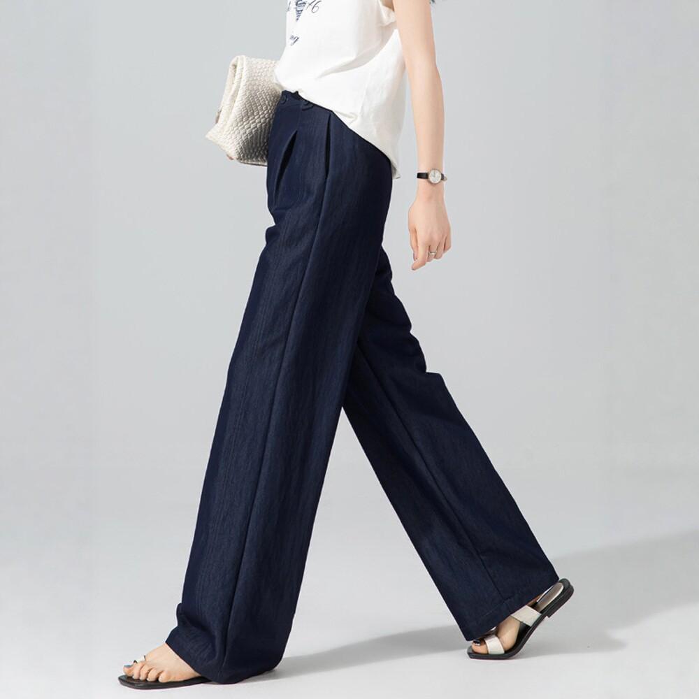 Wide-leg Pants Women's Summer Thin Old Money Style High Waist Straight Tube Drape Thin Women's Casual Trousers Dark Blue Trousers