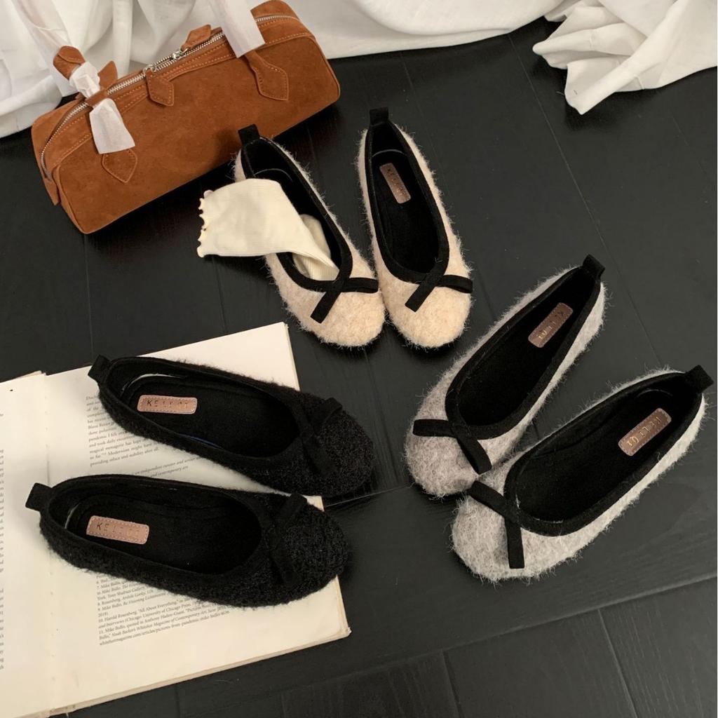 2025 new autumn and winter mink fluff bow fluff gentle flat bottom shallow mouth Mary Jane commuter OL women's shoes