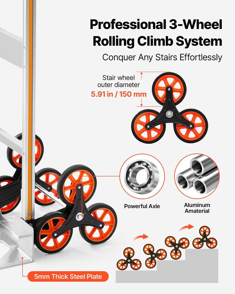 Stair Climbing Cart, 150 Kg Stair-Climb Capacity, Aluminum Alloy Folding Trolley Cart with Telescoping Handle, 6 Wheels and 2 Bungee Cords, Stair