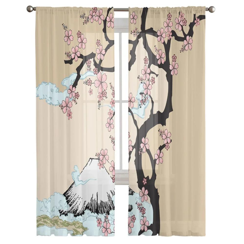 Japonská hora Fuji Sakura Květina Tyl Okenní Závěsy Obývací pokoj Organza Čirý voál Závěs Ložnice Kuchyň Domácí Dekor