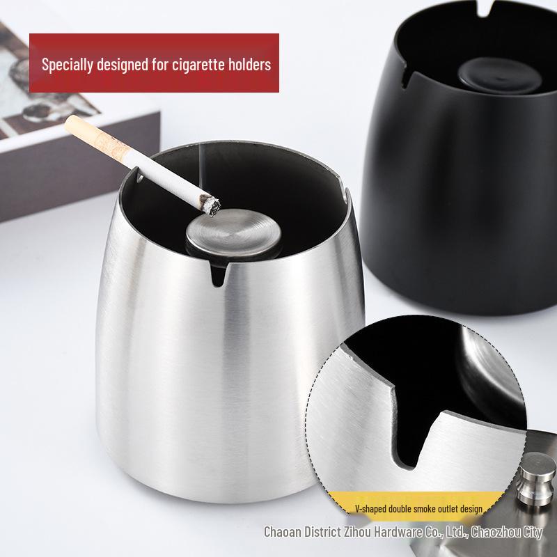 Thickened Stainless Steel Ashtray with Lid for Home, Cafe, or Hotel