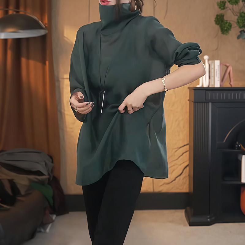 

2026 Spring Fashion High Collar Chiffon Shirt: Women s Loose Fit Top S зелений