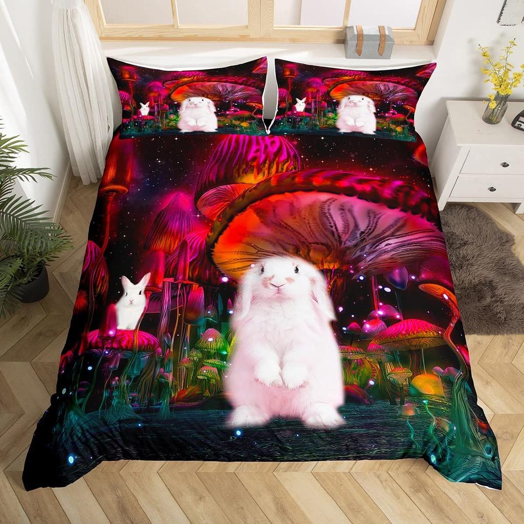 Cute Rabbit Duvet Cover Collection Twin Queen Colorful Flower Bedding Collection Microfiber Botanical Floral Cartoon Animal Comforter Cover