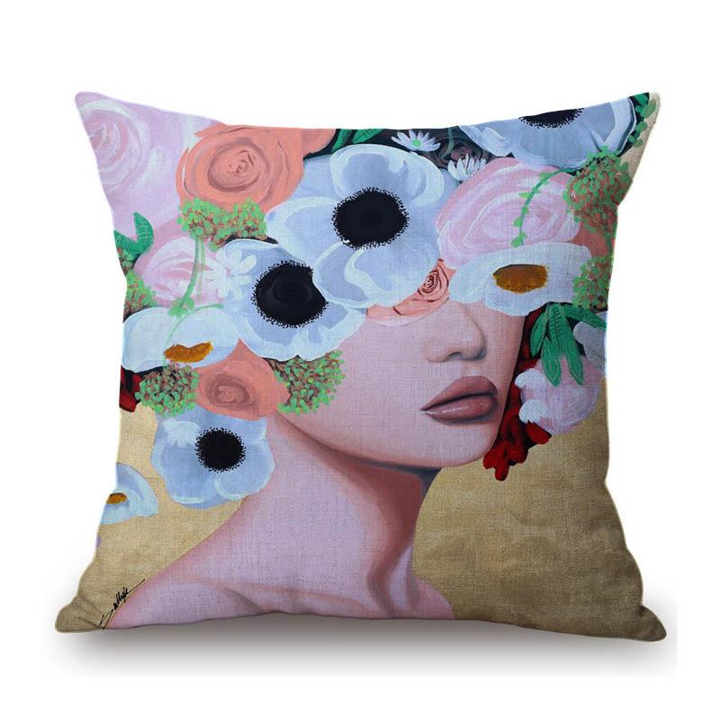 Modern Flower Head Girl Oil Painting Art Cotton Linen Sofa Throw Pillow Case Fashion Floral Lady Decoration Cushion Cover