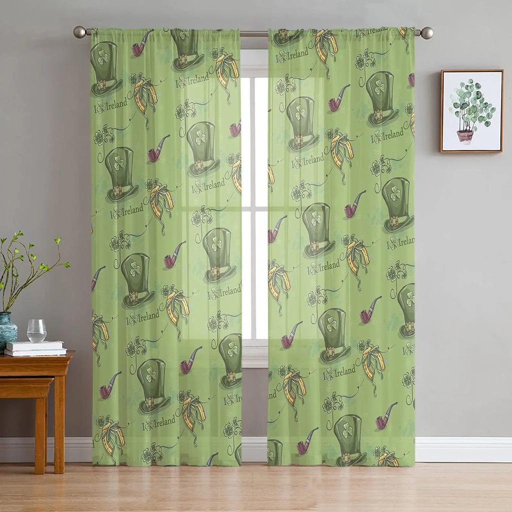 St Patrick Day Clover Lucky Leaves Voile Curtain Living Room Bedroom Kitchen Window Decor Tulle Chiffon Curtains Sheer Polyester Ideal For Area