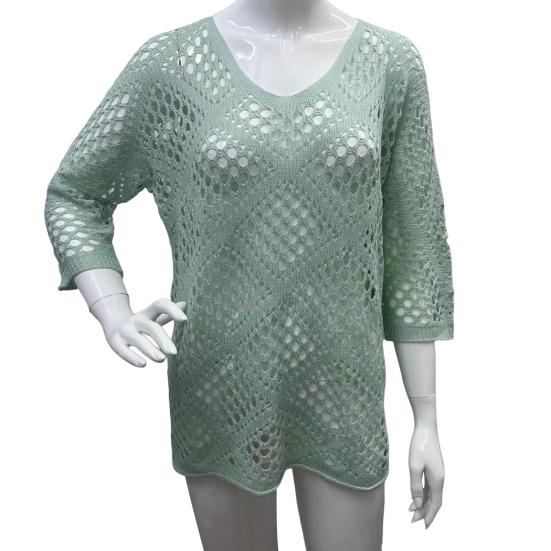 Women Tops Solid V-Neck 45720 Sleeve Knitting Color Loose Fit Cover