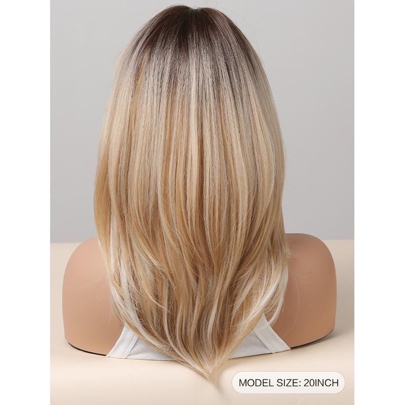 Długie czarne warstwowe peruki syntetyczne z grzywką Karmelowo-brązowa peruka z prostymi włosami Blond podkreśla Włókno termoodporne Kostium do użytku codziennego