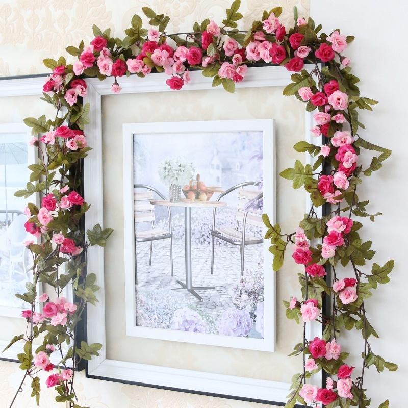Rose Artificial Flowers Pink Silk Ivy Vine Hanging Garland Green Leaves With Flowers Decoration