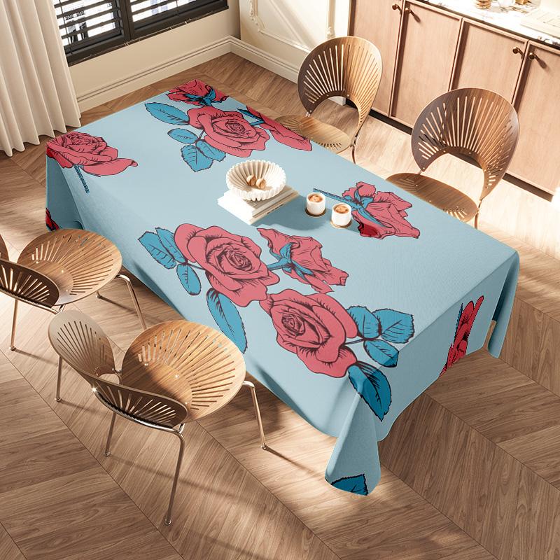 Rustic Floral TableclothElegant Red Blue Rose Print for Home Dining Tables, Perfect Decor in Living Room or Kitchen 105x206cm (4