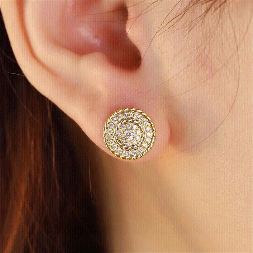 Female Cute Crystal White Zircon Stone Round Stud Earrings Vintage Gold Color Wedding Fashion  For Women