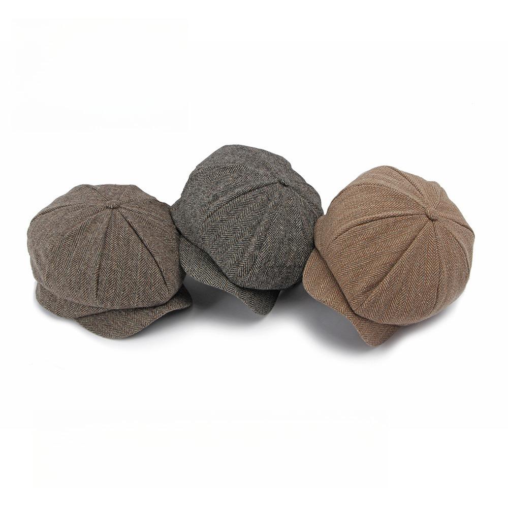 British Style Unisex Herringbone Wool Newsboy Cap, Autumn Winter Eight-Panel Baker Boy Hat, Vintage Casual Painter Beret for Men and Women