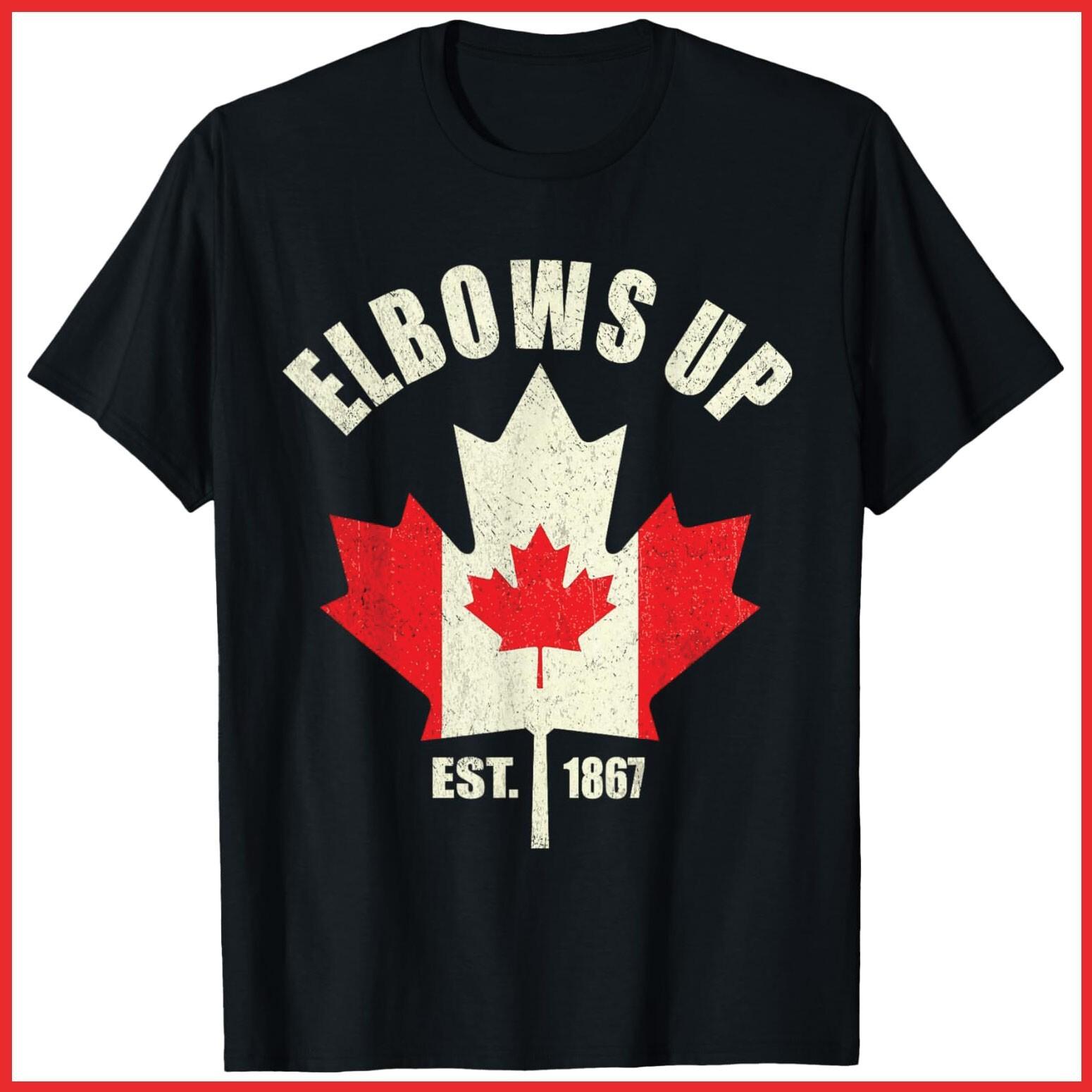 Elbows Up Canada Est 1867 Proud Canadian Strong Black Cotton T-Shirt S-5XL S