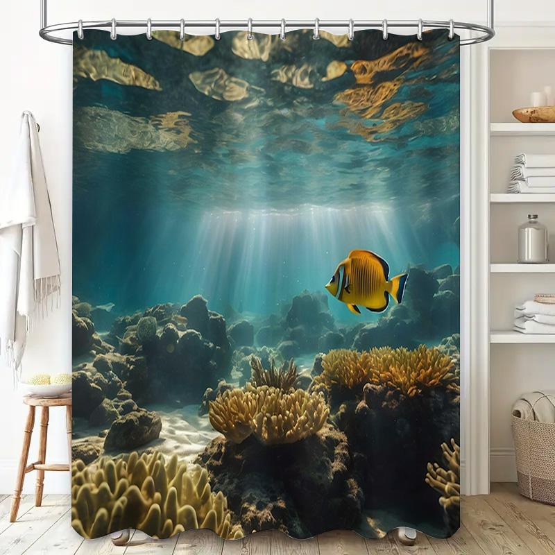 Underwater World Shower Curtain Coral Reef Fish Print Polyester Fabric Waterproof Bath Decor Home Decoration 180x200cm