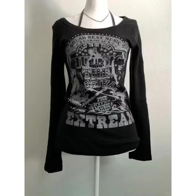 2000s American Vintage Gothic Black Women T-shirts Punk Style Graphic Grunge Tshirts Harajuku Y2k Long Sleeve Tops Streetwear