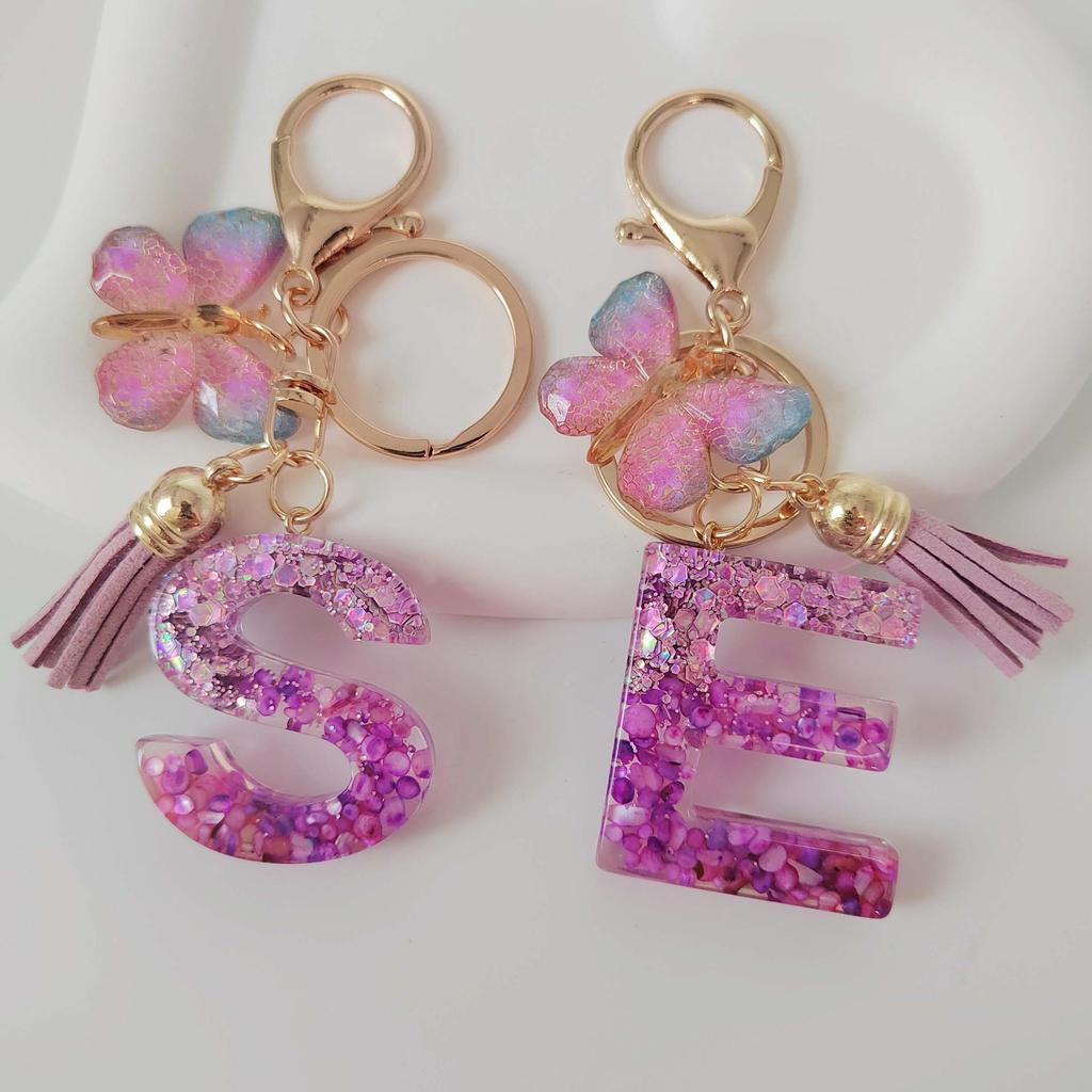 Purple Iridescent Resin Letter Keychain with Butterfly Tassel
