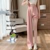 Women's 145cm Pink Ice Silk Wide-Leg High-Waist Pants - Petite, Summer, Thin, Straight Leg.