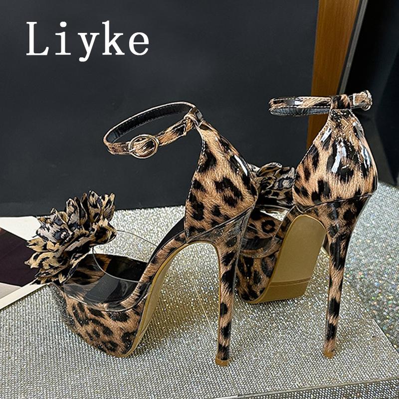 Fashion Liyke PVC Transparent Women Sexy Leopard Print Platform Sandal Fashion Big Flowers Open Toe Super High Heels Party Stripper Shoe