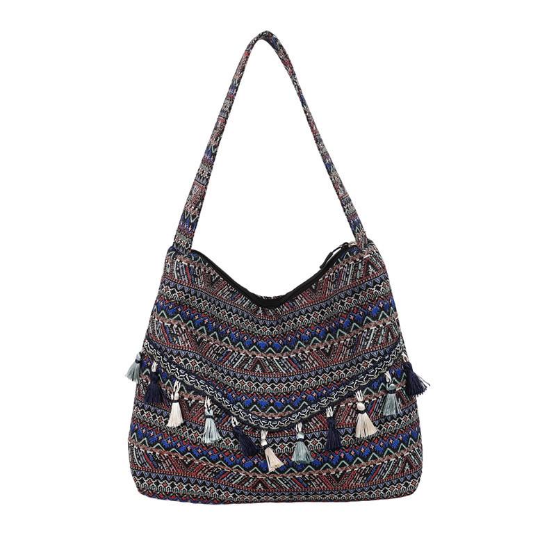 Ethnic Inspired Shoulder Bag Made From Special Material With Zipper Closure