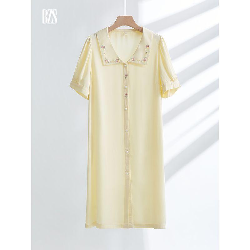 2024 Summer Cooling Fast Breathable Comfortable Short Sleeve Skirt Tribute Satin Cotton Silk Comfortable Embroider Home Wear Outwear Nightdress