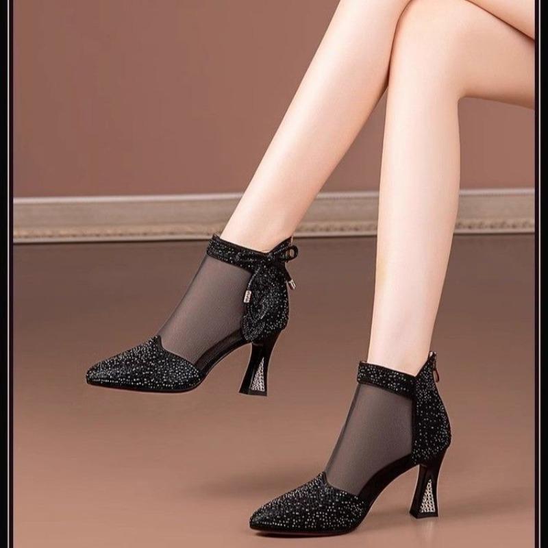 Ny Mode Nät Andningsbara Strass Högklackade Stövlar Eleganta Spetsiga Klackskor Dam Bankett Bröllop Höga Klackar Storlek 43