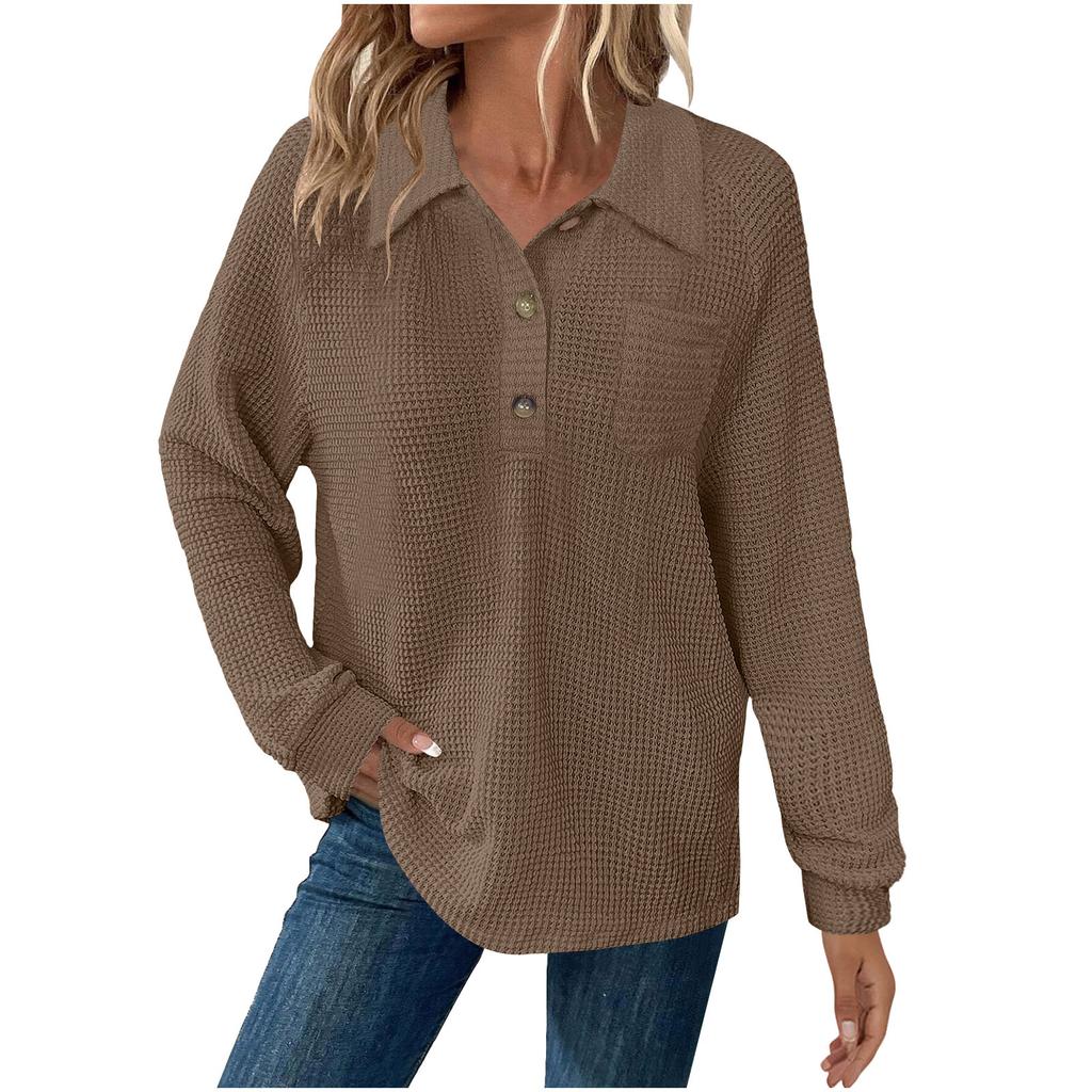Women's Fashion Long-Sleeve Solid-Color Collared T-Shirt With Button-Up Front And Pocketed Casual Sweatshirt Top
