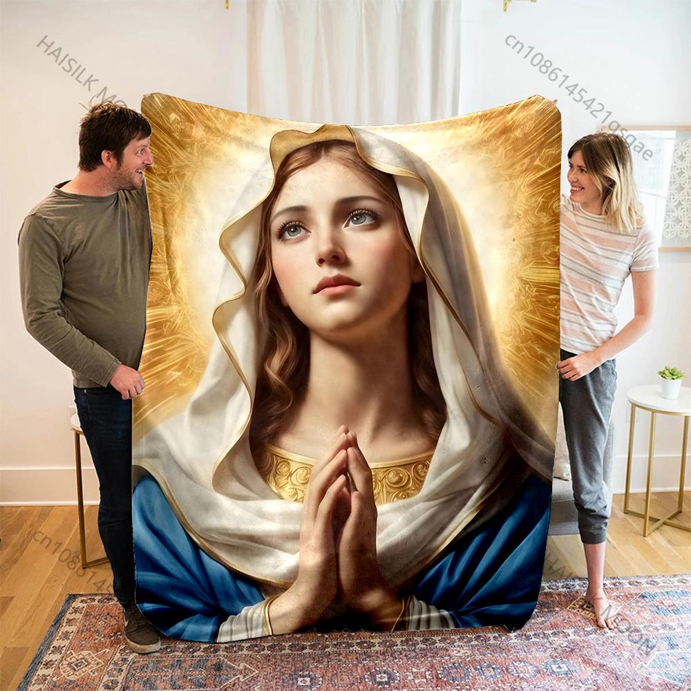 1PC Woman Praying with Halo Print Blanket Warm Soft Fluffy Kids and Adult Sofa Bed Throw Blanket Outdoor Travel Camping RV