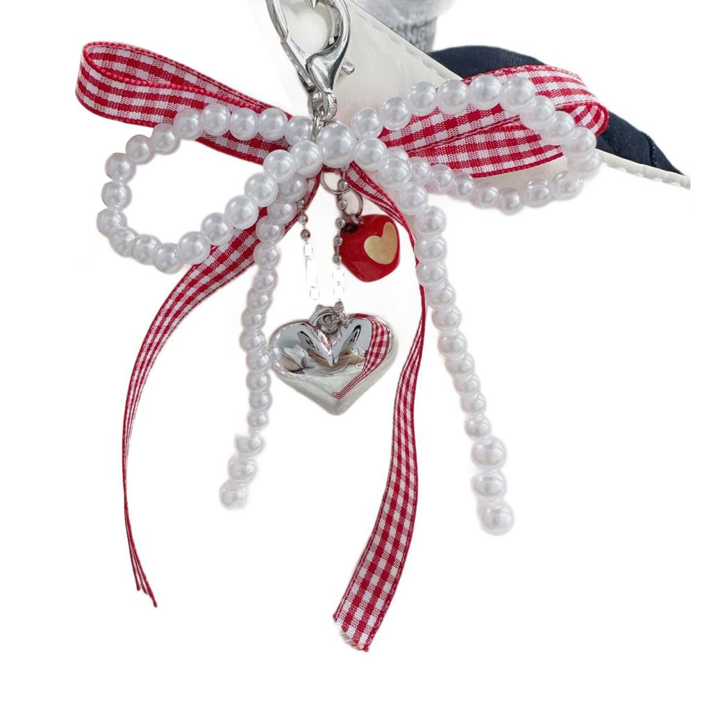 Chic Pearls Beaded Phone Charm Youthful Beaded Bowknot Phone Band with Heart Pendant for Bags Keys and Purses