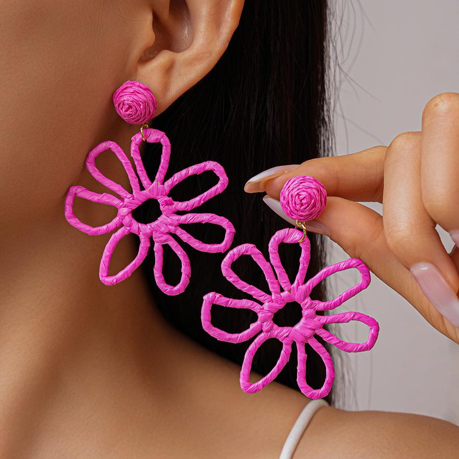 Holiday style raffia woven hollow flower silver needle earrings fashionable and sweet temperament earrings