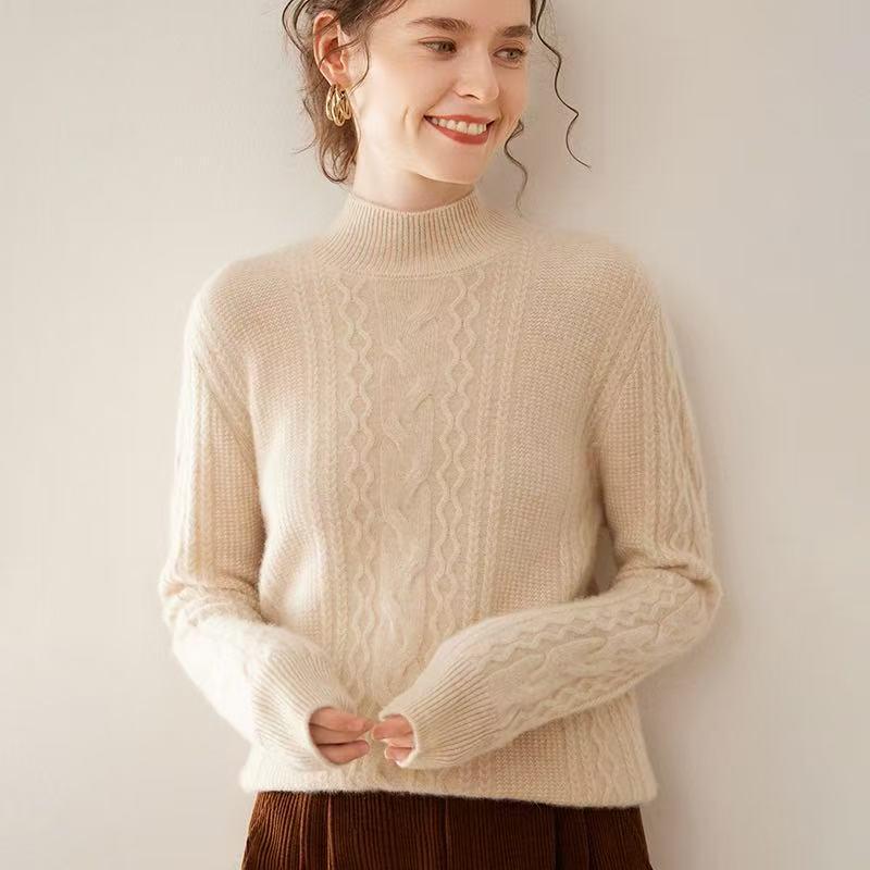 Women's Cable Knit Cashmere Sweater - Twisted Flower Bobble Stitch, Half-High Collar, Slim Fit